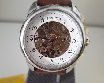 Invicta Skeleton Dial Mechanical Hand Wind Watch NOS New Old Stock Transparan Back Cover 42 mm Gifts For Dad