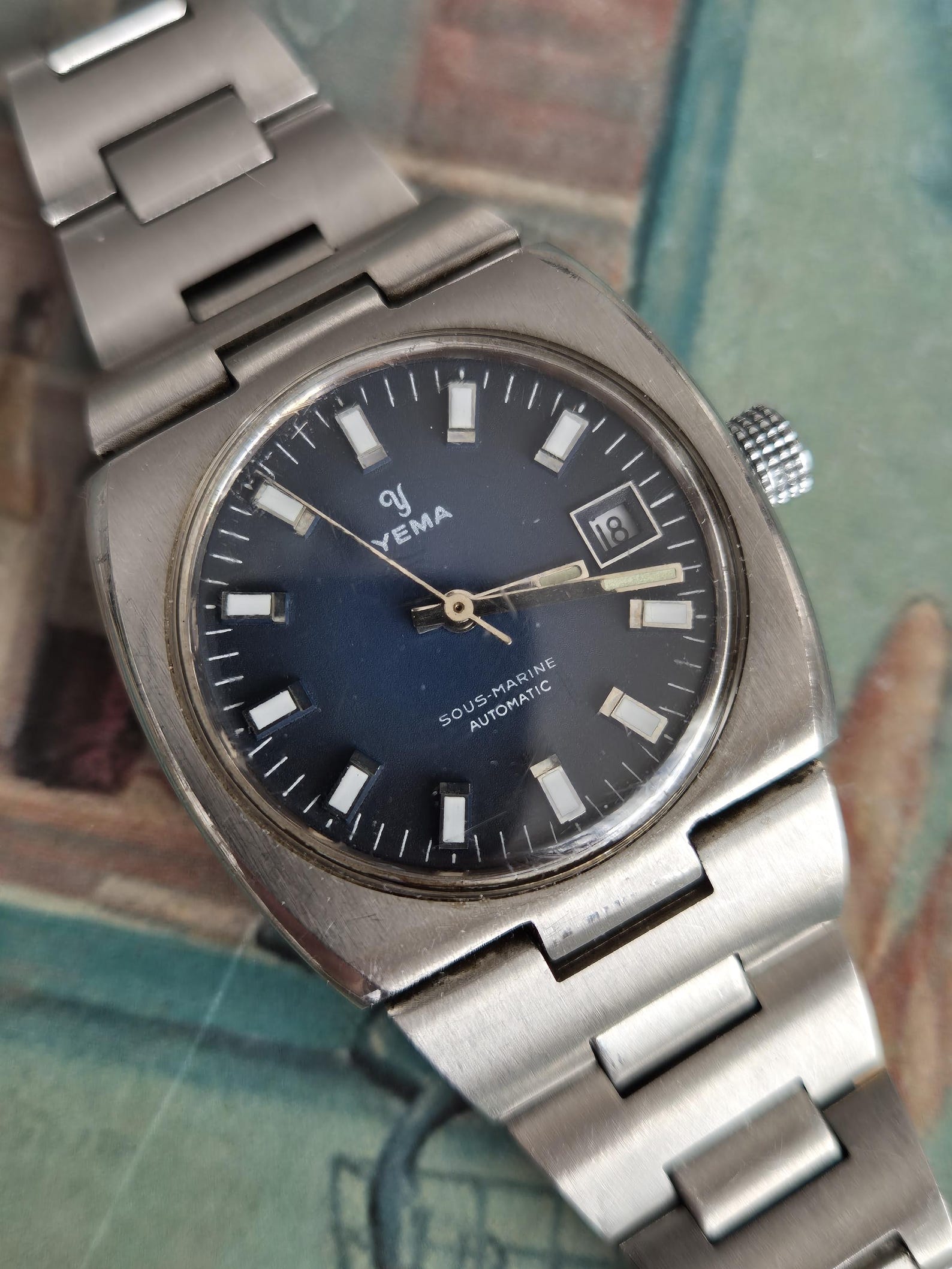 Montre Vintage YEMA Sous-Marine Automatique - Années 70 - Mouvement Mécanique - Cadran Bleu/rouge - 34mm