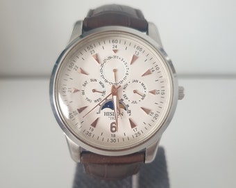 Hislon Moonphase Wristwatch, NOS Condition, Stainless Steel, Leather Strap