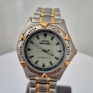 Rare Lorus by Seiko Watch Tri Lum Solar Power ,Silver Gold Stainless Steel Mens Wristwatch ,The Best Gift, NOS Condition,Elegant Dress Watch