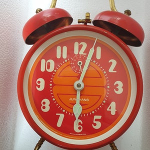 Vintage 1960&#39; s Junghans Mechanical Alarm Table Clock, Antique German Red Desk Clock,Wind Up Alarm Clock,Collection Clock,German Made Clock