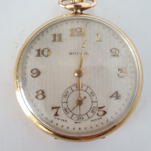 Antique Rocail 20 Micron Gold Plated Swiss Made Mechanical Good Condition Open Face Pocket Watch, Manual Wind Collection Watch