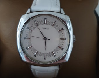 Vintage Guess Japan Quartz Watch, Stainless Steel, White Leather Band, Original Box