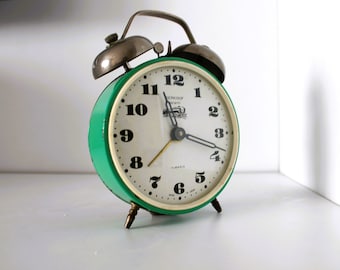 Vintage Serkisof Mechanical Alarm Clock, Green Metal Twin Bell