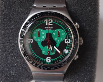 Reloj cronógrafo Swatch Rattlesnake vintage, esfera negra, fabricado en Suiza