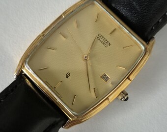 Vintage Citizen Tank Watch, Gold Plated Quartz, Japan Wristwatch