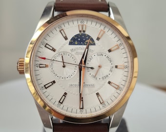 Jacques Lemans Moonphase Watch – Stainless Steel, Brown Leather Strap