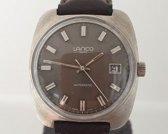 Vintage Lanco Automatic Watch, Swiss Minimalist Timepiece, Brown Leather Strap