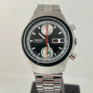 Vintage Citizen automatisk kronografklocka, svart urtavla, Cal 8110A 1970-tal