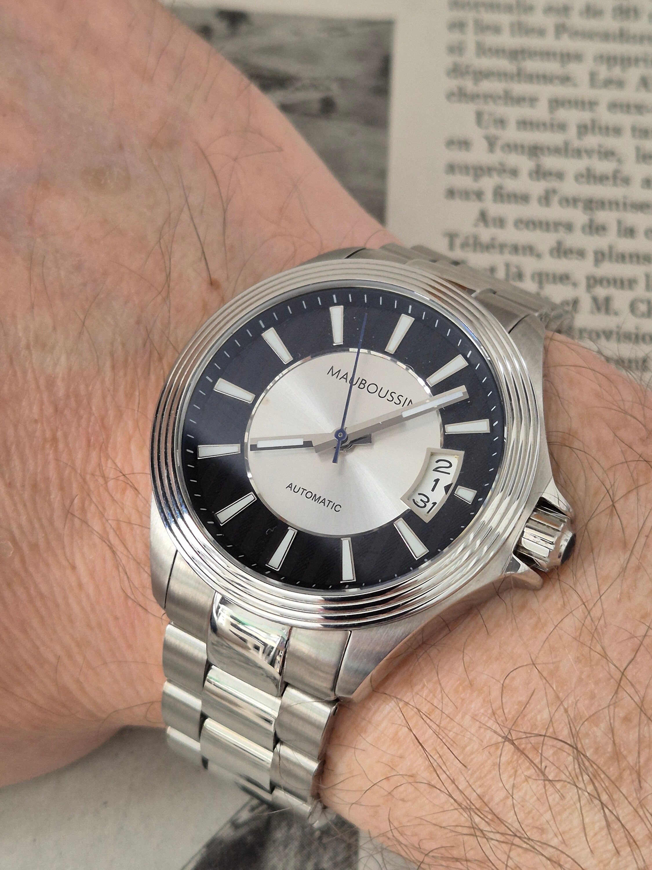 Vintage Mauboussin Automatic Watch, Palladium Steel, Swiss Made