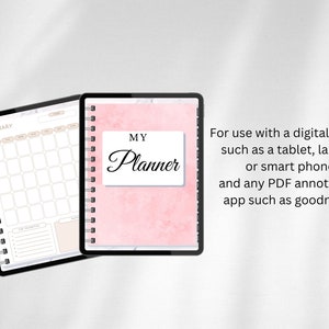 Puede incluir: Un planificador digital rosa con textura de m&aacute;rmol y el texto "MY Planner" en la portada. El planificador est&aacute; dise&ntilde;ado para su uso con un dispositivo digital como una tableta, una computadora port&aacute;til o un tel&eacute;fono inteligente.