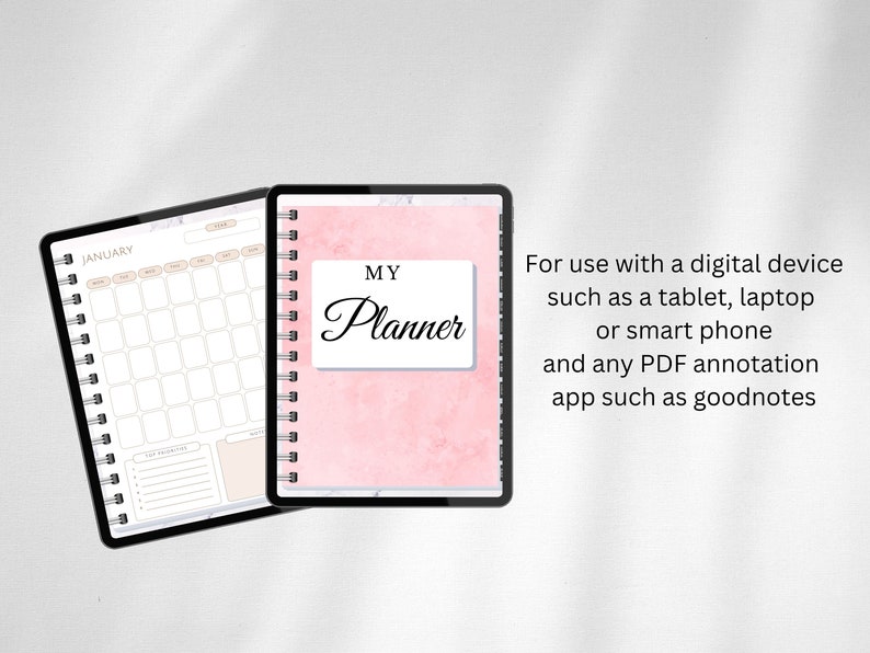 Puede incluir: Un planificador digital rosa con textura de m&aacute;rmol y el texto "MY Planner" en la portada. El planificador est&aacute; dise&ntilde;ado para su uso con un dispositivo digital como una tableta, una computadora port&aacute;til o un tel&eacute;fono inteligente.