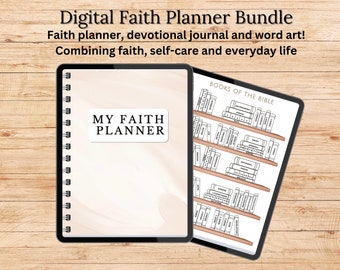 May include: Digital planner bundle with a white background and the text "MY FAITH PLANNER". The bundle includes a faith planner, devotional journal, and word art. The image also shows a digital page with a list of books of the Bible.