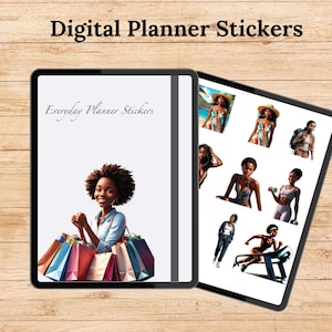 May include: Digital planner stickers featuring illustrations of women with various accessories and poses. The text "Everyday Planner Stickers" is at the top of the image.