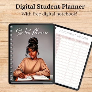 Peut inclure: Planificateur d'études numérique avec un suivi des devoirs. Le planificateur présente une femme à la peau brune et aux cheveux foncés écrivant dans un carnet. Le suivi des devoirs comporte des colonnes pour le cours, le devoir, la date d'échéance et le statut de réalisation.