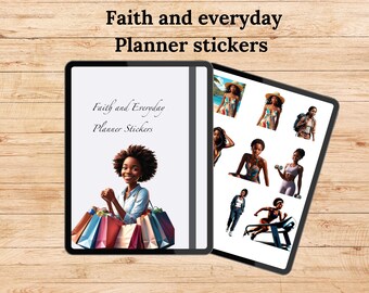 May include: A set of planner stickers featuring illustrations of women with different hairstyles and outfits. The stickers are designed for use in planners and journals. The text "Faith and Everyday Planner Stickers" is displayed on the top of the image.