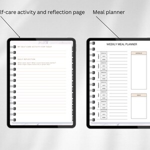 Puede incluir: Un planificador digital con dos p&aacute;ginas, una para actividades diarias de autocuidado y reflexi&oacute;n y la otra para la planificaci&oacute;n de comidas semanales. Las p&aacute;ginas son blancas con l&iacute;neas negras y texto.