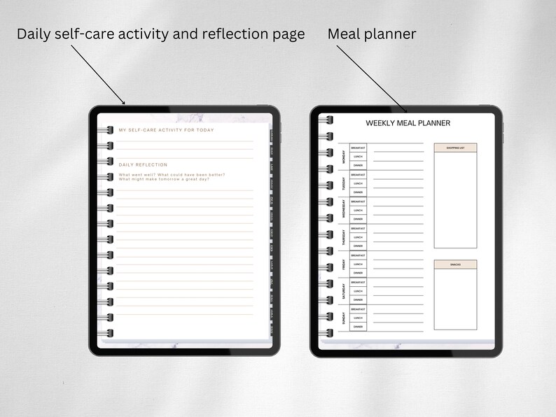 Puede incluir: Un planificador digital con dos p&aacute;ginas, una para actividades diarias de autocuidado y reflexi&oacute;n y la otra para la planificaci&oacute;n de comidas semanales. Las p&aacute;ginas son blancas con l&iacute;neas negras y texto.