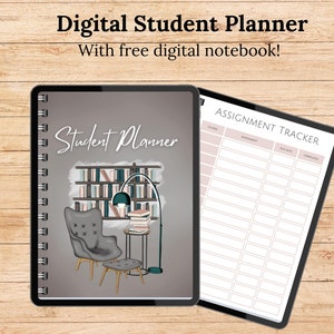 Peut inclure: Agenda numérique pour étudiants avec un cahier numérique gratuit. L'agenda présente une couverture avec un fond gris, les mots "Student Planner" et une illustration d'une chaise, d'une bibliothèque et d'une lampe. Un suivi des devoirs est également affiché.