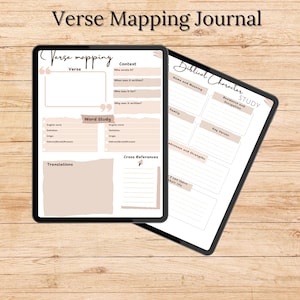 May include: Two digital planners on a woodgrain background. The left planner is titled "Verse Mapping" and has sections for verse, context, word study, translations, and cross references. The right planner is titled "Biblical Character Study" and has sections for name and meaning, residence and occupation, key verses, and weaknesses and strengths.
