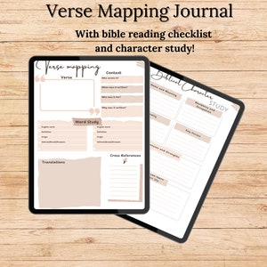 Peut inclure: Deux planificateurs numériques sur un fond en bois. Le planificateur de gauche est intitulé "Cartographie des versets" et comporte des sections pour le verset, le contexte, l'étude des mots, les traductions et les références croisées. Le planificateur de droite est intitulé "Étude des personnages bibliques" et comporte des sections pour le nom et la signification, le contexte et l'occupation, les versets clés, les faiblesses et les forces, et comment apprendre de leur vie.
