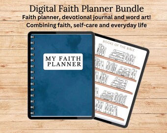 May include: Digital planner bundle with a blue cover and the text "My Faith Planner" on it. The bundle also includes a printable page with a list of the books of the Bible.