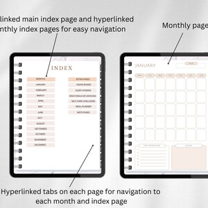 Puede incluir: Un planificador digital con una vista de calendario mensual y una p&aacute;gina de &iacute;ndice. La p&aacute;gina de &iacute;ndice enumera cada mes y p&aacute;ginas adicionales para tableros de visi&oacute;n, higiene del sue&ntilde;o, ejercicios de respiraci&oacute;n e intestino, desaf&iacute;os de autocuidado, planificadores de comidas y p&aacute;ginas de notas. La vista del calendario mensual tiene espacio para tareas diarias, prioridades principales y notas.