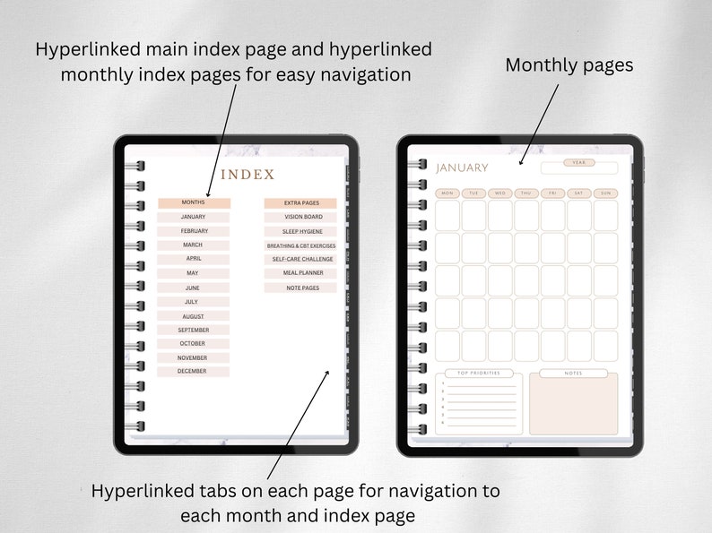 Puede incluir: Un planificador digital con una vista de calendario mensual y una p&aacute;gina de &iacute;ndice. La p&aacute;gina de &iacute;ndice enumera cada mes y p&aacute;ginas adicionales para tableros de visi&oacute;n, higiene del sue&ntilde;o, ejercicios de respiraci&oacute;n e intestino, desaf&iacute;os de autocuidado, planificadores de comidas y p&aacute;ginas de notas. La vista del calendario mensual tiene espacio para tareas diarias, prioridades principales y notas.
