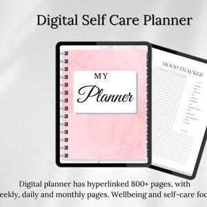 Puede incluir: Un planificador digital con una portada rosa y el texto "MY Planner" en la parte delantera. El planificador tiene un rastreador de humor en el lado derecho de la p&aacute;gina. El planificador tiene m&aacute;s de 800 p&aacute;ginas con p&aacute;ginas semanales, diarias y mensuales.