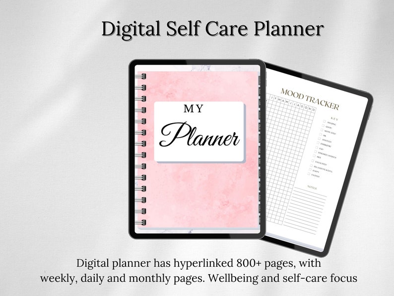 Puede incluir: Un planificador digital con una portada rosa y el texto "MY Planner" en la parte delantera. El planificador tiene un rastreador de humor en el lado derecho de la p&aacute;gina. El planificador tiene m&aacute;s de 800 p&aacute;ginas con p&aacute;ginas semanales, diarias y mensuales.