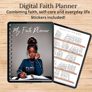 Op de afbeelding: Een digitale planner met een zwarte omslag met een illustratie van een vrouw met bruin haar en een blauw shirt. De tekst op de omslag luidt "My Faith Planner". De planner bevat een pagina met een lijst van boeken uit de bijbel.