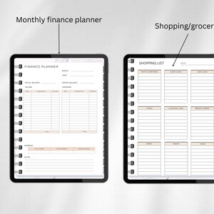 Puede incluir: Dos planificadores digitales sobre un fondo blanco. El planificador de la izquierda es un planificador financiero mensual con secciones para ingresos, gastos y un resumen. El planificador de la derecha es una lista de compras/comestibles con secciones para frutas y verduras, l&aacute;cteos y huevos, carne y pescado, congelados, art&iacute;culos para el hogar, panes y cereales, bebidas, refrigerios y otros.