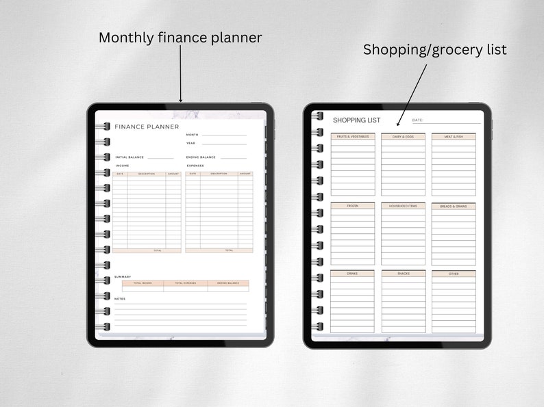 Puede incluir: Dos planificadores digitales sobre un fondo blanco. El planificador de la izquierda es un planificador financiero mensual con secciones para ingresos, gastos y un resumen. El planificador de la derecha es una lista de compras/comestibles con secciones para frutas y verduras, l&aacute;cteos y huevos, carne y pescado, congelados, art&iacute;culos para el hogar, panes y cereales, bebidas, refrigerios y otros.