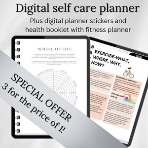 Puede incluir: Un planificador digital de autocuidado con un gr&aacute;fico de la rueda de la vida, consejos de ejercicio y una oferta especial de 3 por el precio de 1. El planificador es blanco y negro con una cinta gris.