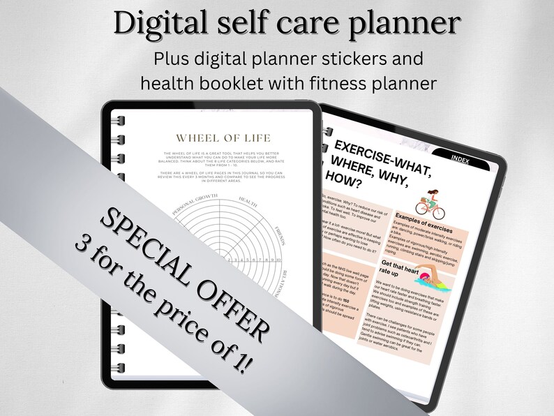 Puede incluir: Un planificador digital de autocuidado con un gr&aacute;fico de la rueda de la vida, consejos de ejercicio y una oferta especial de 3 por el precio de 1. El planificador es blanco y negro con una cinta gris.