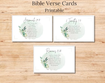 May include: Printable Bible verse cards with watercolor green leaves and a light green background. The verses are Jeremiah 29:11, 2 Timothy 1:7, and Romans 8:28.