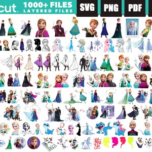 May include: A collection of 1000+ layered digital files featuring characters from the animated film Frozen. The files are available in SVG, PNG, PDF, and DXF formats. The images include various characters, such as Elsa, Anna, Olaf, Kristoff, and Sven, in different poses and settings. The text "Let it Go" is also included in the image.