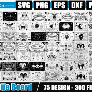 Può includere: Una collezione di 75 design di tavole Ouija nei formati SVG, PNG, EPS, DXF e PDF. I design presentano varie illustrazioni, tra cui lune, teschi ed elementi celesti. Le parole "Ouija Board" e "75 DESIGN - 300 FILES" sono visualizzate.