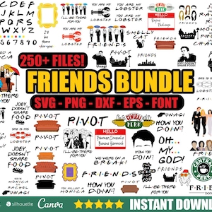 Puede incluir: Un collage digital colorido de imágenes con temática del programa de televisión Friends, que incluye el icónico logotipo de Central Perk, la frase "Pivot" y varios personajes del programa. El texto "250+ Archivos! Paquete Friends SVG - PNG - DXF - EPS - FUENTE" se muestra en letras grandes y en negrita.