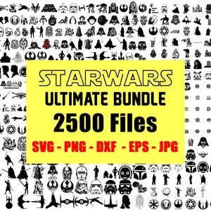 Puede incluir: Un rectángulo amarillo con el texto "STARWARS ULTIMATE BUNDLE 2500 Files SVG - PNG - DXF - EPS - JPG" sobre un fondo blanco con una cuadrícula de siluetas de personajes y objetos de Star Wars en blanco y negro.