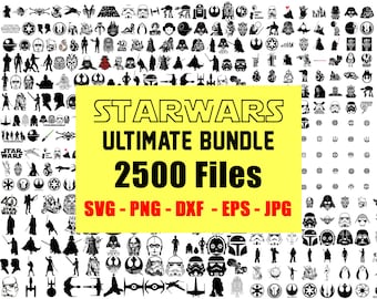 Puede incluir: Un rectángulo amarillo con el texto "STARWARS ULTIMATE BUNDLE 2500 Files SVG - PNG - DXF - EPS - JPG" sobre un fondo blanco con una cuadrícula de siluetas de personajes y objetos de Star Wars en blanco y negro.