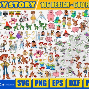Puede incluir: Una colección de 105 diseños digitales coloridos con personajes de la franquicia Toy Story. Los diseños incluyen a Woody, Buzz Lightyear, Jessie, Rex, Mr. Potato Head y muchos más. Los diseños están disponibles en formatos SVG, PNG, EPS, DXF y PDF.