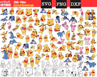Può includere: Un set di oltre 200 file SVG, PNG e DXF a strati che presentano i personaggi di Winnie the Pooh, Tigger, Piglet e Eeyore in varie pose. I file sono disponibili per il download immediato.