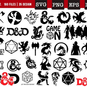 Puede incluir: Una colección de 35 archivos SVG, PNG, EPS y DXF en blanco y negro con temática de Dungeons and Dragons. Los diseños incluyen dragones, dados y otros elementos de fantasía. El texto "That's How I Roll" y "Choose Your Weapon" están incluidos en el diseño.