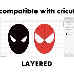 May include: A layered design for a Cricut machine, featuring a black and white mask and a red and white spider-man mask.