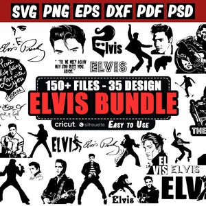May include: A collection of Elvis Presley-themed digital designs in SVG, PNG, EPS, DXF, and PDF formats. The designs include silhouettes, portraits, and text elements such as "Elvis," "The King," and song lyrics. The bundle is easy to use with Cricut and Silhouette machines.