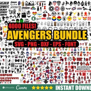 May include: A collage of colorful images featuring various Marvel characters, including Avengers, Spider-Man, and Deadpool. The text "4000 FILES! AVENGERS BUNDLE SVG - PNG - DXF - EPS - FONT" is displayed in yellow and black letters. The image also includes logos for Cricut, Silhouette, and Canva.