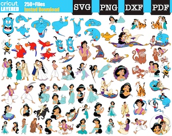 Può includere: Una collezione di oltre 250 file di taglio digitale con personaggi del film Disney Aladdin. I file includono Aladdin, Jasmine, Abu, il Genio, Jafar e molti altri. I file sono disponibili nei formati SVG, PNG, DXF e PDF.