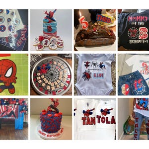 May include: A collection of Spider-Man themed party decorations, including a cake, cookies, a banner, a onesie, a t-shirt, and a pair of jeans. The decorations feature the iconic red and blue Spider-Man suit and web design. The cake is decorated with red and blue frosting and a Spider-Man figure on top. The cookies are decorated with Spider-Man's face and web design. The banner is made of red and blue fabric and features Spider-Man's face and the words "Happy Birthday". The onesie is white with a Spider-Man design on the front. The t-shirt is white with a Spider-Man design on the front. The jeans are blue with a Spider-Man design on the back.