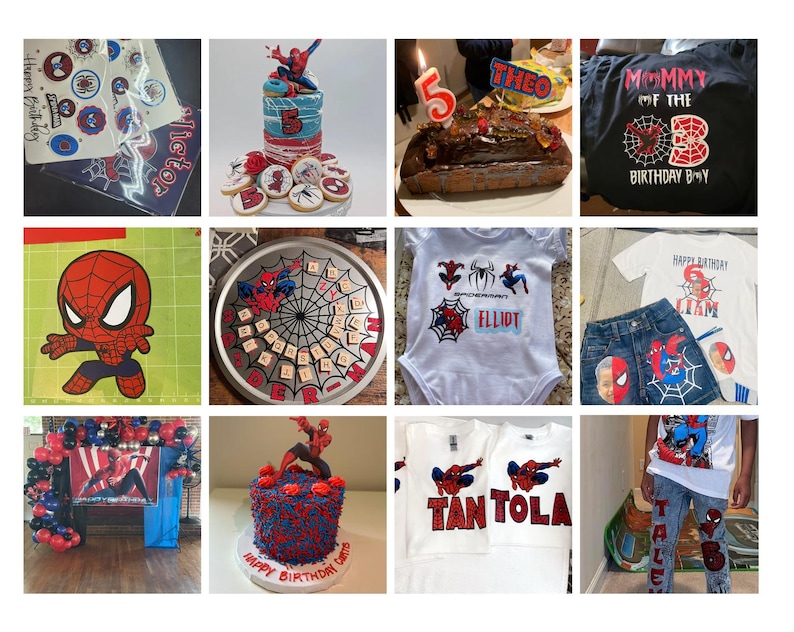 May include: A collection of Spider-Man themed party decorations, including a cake, cookies, a banner, a onesie, a t-shirt, and a pair of jeans. The decorations feature the iconic red and blue Spider-Man suit and web design. The cake is decorated with red and blue frosting and a Spider-Man figure on top. The cookies are decorated with Spider-Man's face and web design. The banner is made of red and blue fabric and features Spider-Man's face and the words "Happy Birthday". The onesie is white with a Spider-Man design on the front. The t-shirt is white with a Spider-Man design on the front. The jeans are blue with a Spider-Man design on the back.